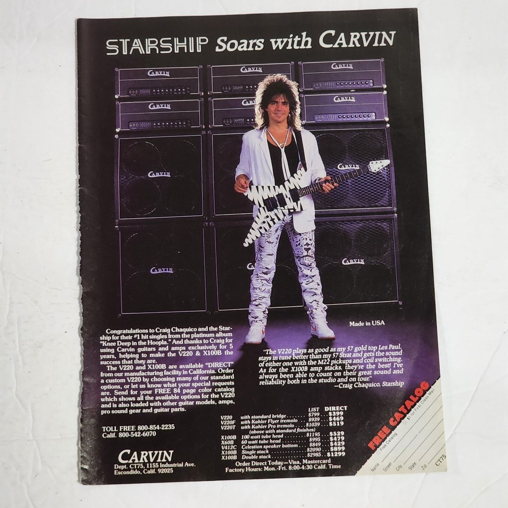Vintage Print Ad Craig Chaquico Starship CARVIN guitar clipping 1988 8x10